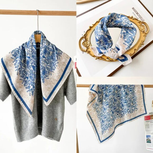 2/$30 Blue Beige Floral Square Velvet Silk Scarf Satin Neck Head Handbag Tie - Picture 1 of 6